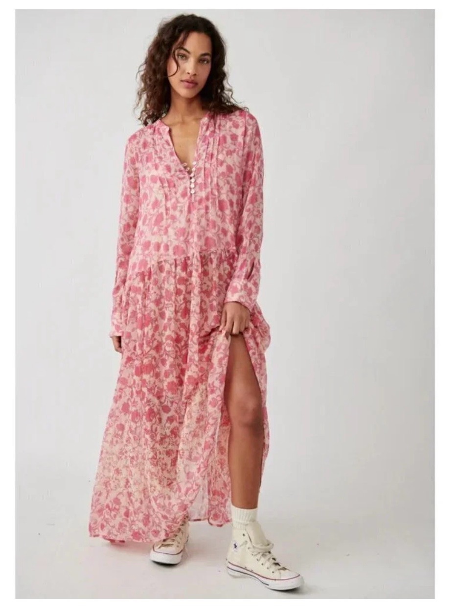 Nwt Free People - See It Through Pink Rose Maxi Dress